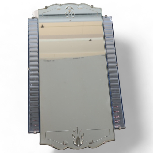 132 - Art Deco pale blue/clear glass wall mirror, height 69cm, width 39cm