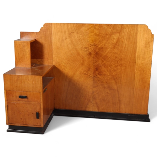 133 - Art Deco walnut bedhead with integral bedside cupboard, width 145cm, height 107cm