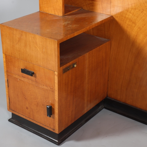 133 - Art Deco walnut bedhead with integral bedside cupboard, width 145cm, height 107cm