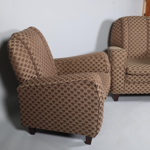 135 - Pair of Art Deco style upholstered armchairs, overall arm width 82cm