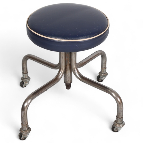 283 - A mid-century modernist tubular steel industrial height adjustable stool with blue leather seat, hei... 