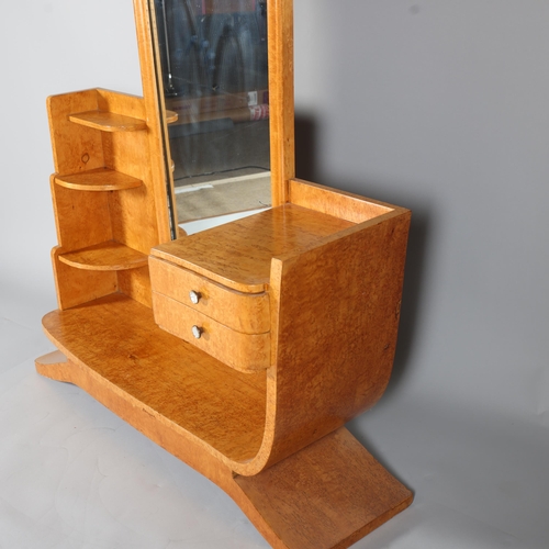 3 - Art Deco birdseye maple cheval mirror/dressing stand, with 2 small fitted drawers, width 109cm, heig... 