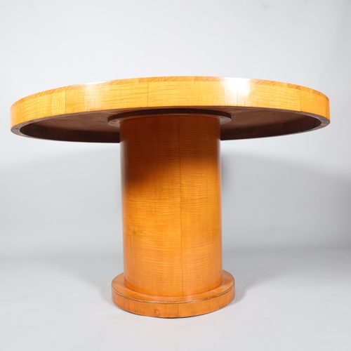 4 - Art Deco satinwood and walnut dining suite, comprising circular table on drum-shaped base, diameter ... 