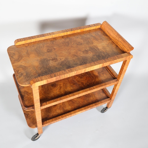 5 - Art Deco burr-walnut 3-tier cocktail trolley, circa 1920s, 78cm x 41cm