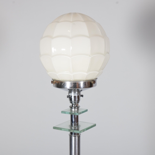 9 - Art Deco chrome and glass standard lamp with moulded milk glass shade, height 150cm