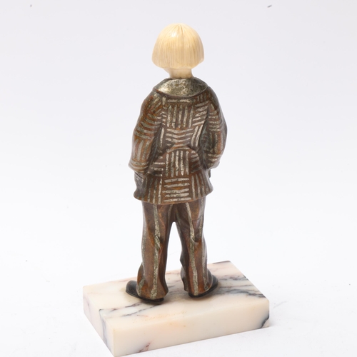 12 - Louis Bertrand, girl in a striped suit, two-colour patinated bronze and ivory, on coloured marble ba... 