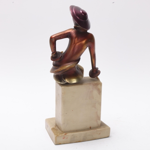 13 - Art Deco patinated spelter figure of a lady, composition face and hands on simulated marble base, he... 