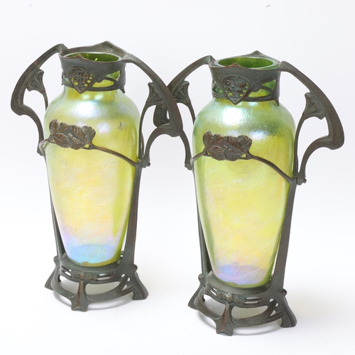 14 - Pair of Loetz Art Nouveau patinated bronze and iridescent glass vases, height 28.5cm