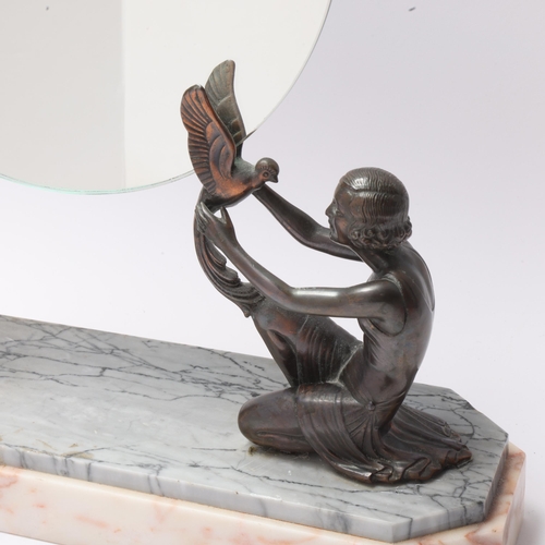 16 - Art Deco spelter and marble dressing table mirror, circa 1920, supported by girls with exotic birds ... 