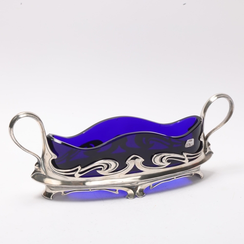 19 - An Art Nouveau electroplate and blue glass table centre bowl, circa 1900, probably WMF but unmarked,... 