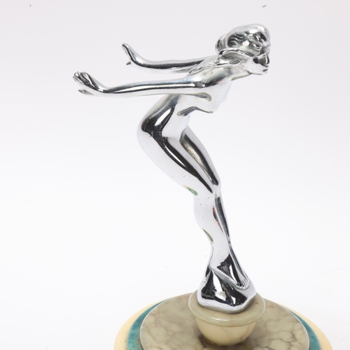 25 - Art Deco chrome plate bronze car mascot, Speed Nymph, unsigned, on circular three-colour marble base... 