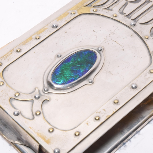 29 - An Art Nouveau electroplate Bridge scoring pad, with hinged cover and inset peacock enamel panel, 18... 