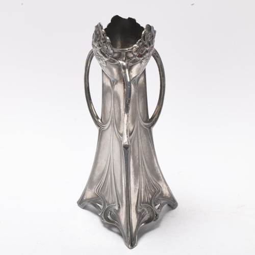 38 - WMF Art Nouveau electroplate vase of triangular section, with figure in high relief and 3 handles, h... 