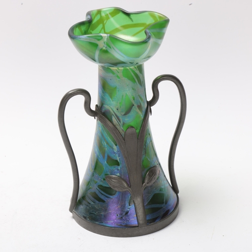 39 - Loetz green iridescent glass vase with stylised pewter mount, height 18.5cm