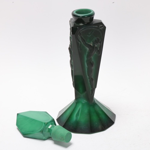 42 - Czechoslovakian Art Deco malachite glass perfume bottle and stopper of triangular section, with reli... 