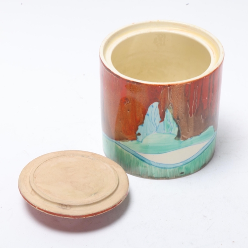 48 - Clarice Cliff Forest Glen pattern drum-shaped pot and cover, circa 1934, height 8cm