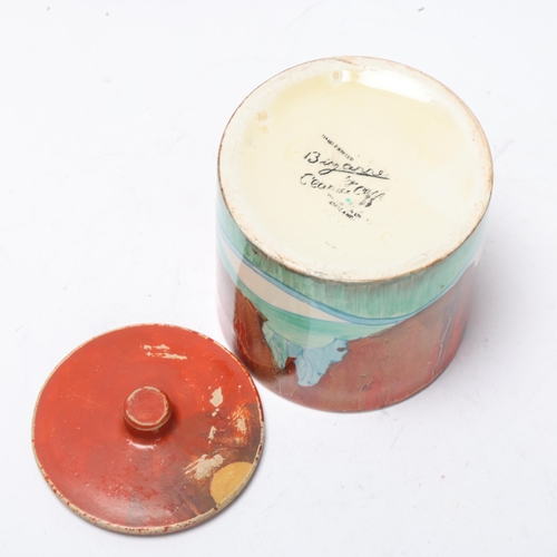 48 - Clarice Cliff Forest Glen pattern drum-shaped pot and cover, circa 1934, height 8cm