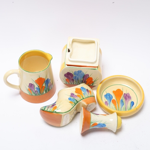 51 - Clarice Cliff Bizarre Crocus pattern, small group of items, including a preserve pot and cover, heig... 