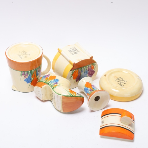 51 - Clarice Cliff Bizarre Crocus pattern, small group of items, including a preserve pot and cover, heig... 