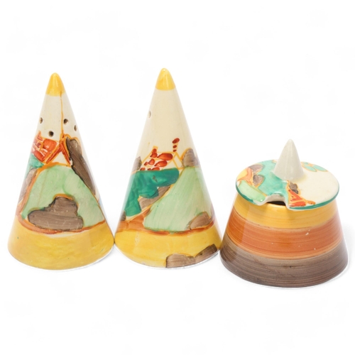 70 - Clarice Cliff Secrets pattern 3-piece cruet set, height 8cm