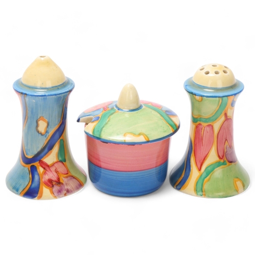 71 - Clarice Cliff Bizarre Blue Chintz 3-piece cruet set, height 7.5cm