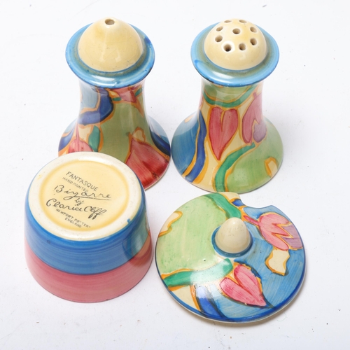 71 - Clarice Cliff Bizarre Blue Chintz 3-piece cruet set, height 7.5cm