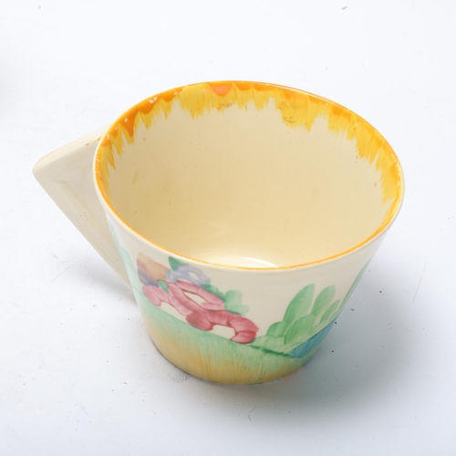 73 - Clarice Cliff Bizarre Viscaria pattern teacup and saucer, saucer diameter 15cm