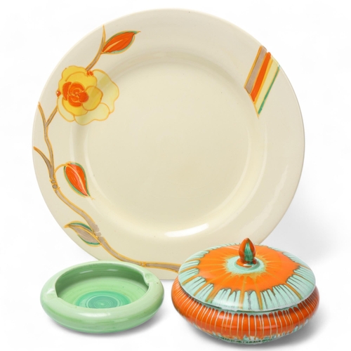 78 - Clarice Cliff Yellow Rose dinner plate, diameter 25cm, Shelley drip glaze bowl and cover, diameter 1... 