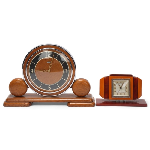 82 - 2 Art Deco mantel clocks, comprising a Bayard two-colour Bakelite-cased 8-day clock, length 17cm, an... 