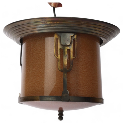 83 - Art Deco brass-framed drum-shaped ceiling light fitting, with curved glass panels, height 22cm, diam... 