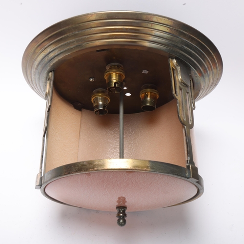 83 - Art Deco brass-framed drum-shaped ceiling light fitting, with curved glass panels, height 22cm, diam... 