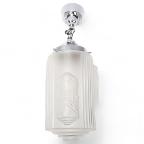 84 - Art Deco frosted moulded glass hanging light fitting, with chrome plate fittings, shade height exclu... 