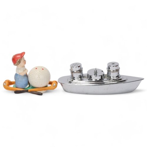 91 - 2 Art Deco novelty cruets, comprising Goebels ceramic golfing cruet, length 12.5cm, and chrome plate... 