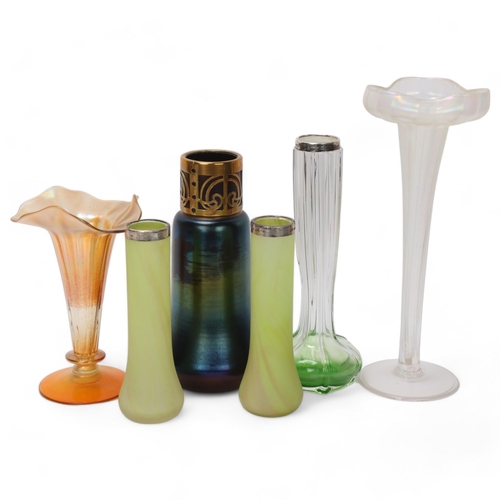 96 - A group of Art Nouveau iridescent glass items, including a brass-mounted Loetz style vase, height 19... 