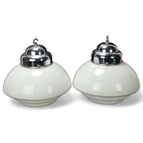 97 - Pair of Art Deco hanging light fittings, with stepped milk glass shades and chrome mounts, overall h... 