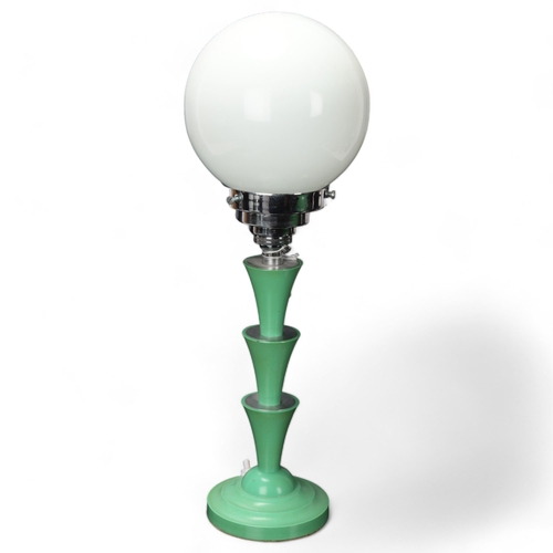 98 - Art Deco green Bakelite table lamp, with chrome fitting and milk glass shade, height approx 40cm