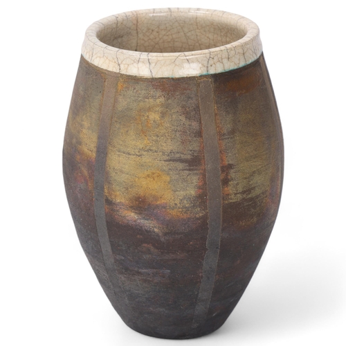 289 - A studio pottery raku fired barrel vase, with resist stripes and crackle glaze interior, makers mark... 