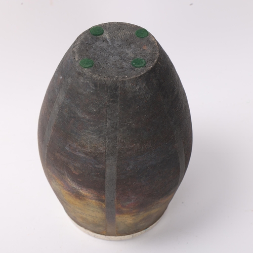 289 - A studio pottery raku fired barrel vase, with resist stripes and crackle glaze interior, makers mark... 