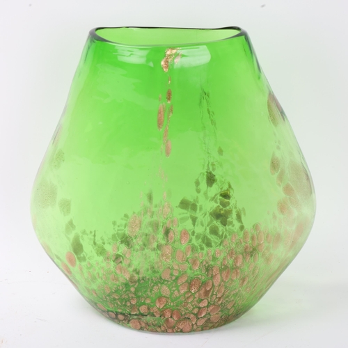 290 - A hand blown green glass pebble vase, with gilt leaf surface decoration, no makers marks, height 22c... 