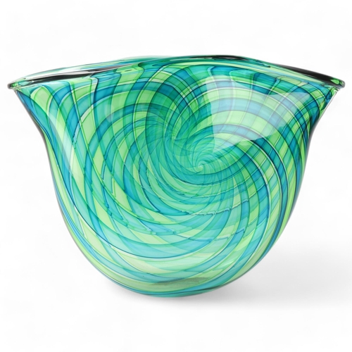 319 - BOB CROOKS, a studio glass vase, spiral green/blue tone glass, signed to base with gallery label, he... 