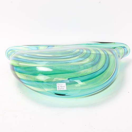 319 - BOB CROOKS, a studio glass vase, spiral green/blue tone glass, signed to base with gallery label, he... 