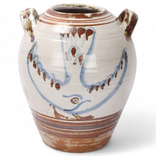 322 - SETH CARDEW (1934-2016), Wenford Bridge pottery, a two handled jar with dove decoration, makers mark... 