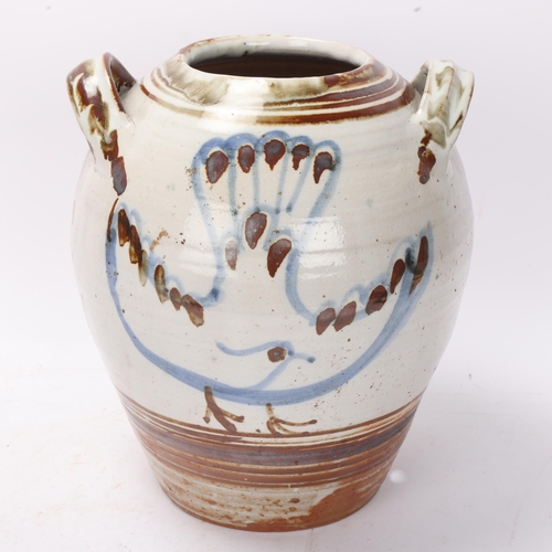 322 - SETH CARDEW (1934-2016), Wenford Bridge pottery, a two handled jar with dove decoration, makers mark... 