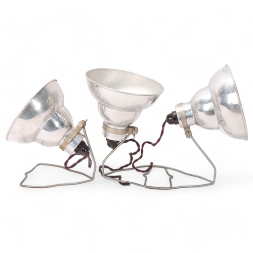 331 - 3 mid-century aluminium photography studio lights, no makers marks, shade diameter 18cm