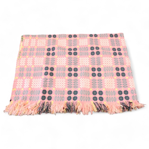 338 - A Welsh Blanket, reversible in pink/yellow/green wool, makers label for Drew Product, 240 x 160cm