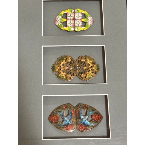 125 - 3 Art Nouveau coloured enamel buckles, mounted in good quality modern frame, overall frame dimension... 