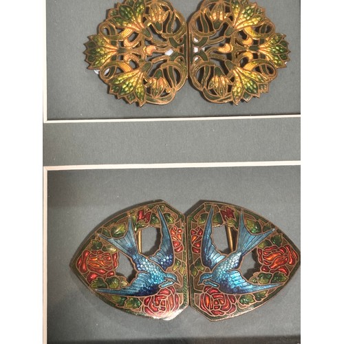 125 - 3 Art Nouveau coloured enamel buckles, mounted in good quality modern frame, overall frame dimension... 