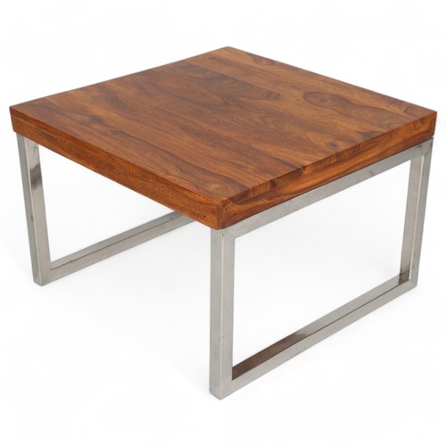 354 - A modern coffee table with hardwood top on square section steel frame, height 40cm, top 60 x 60cm