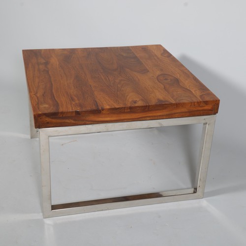 354 - A modern coffee table with hardwood top on square section steel frame, height 40cm, top 60 x 60cm