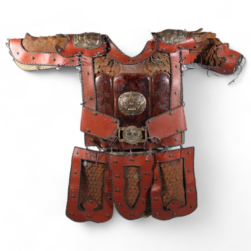 858 - A suit of Japanese armour, brass metal and simulated leather